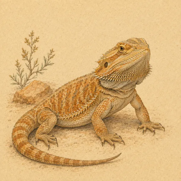 A warm desert field-guide illustration of a Bearded Dragon, drawn in gouache and coloured pencil