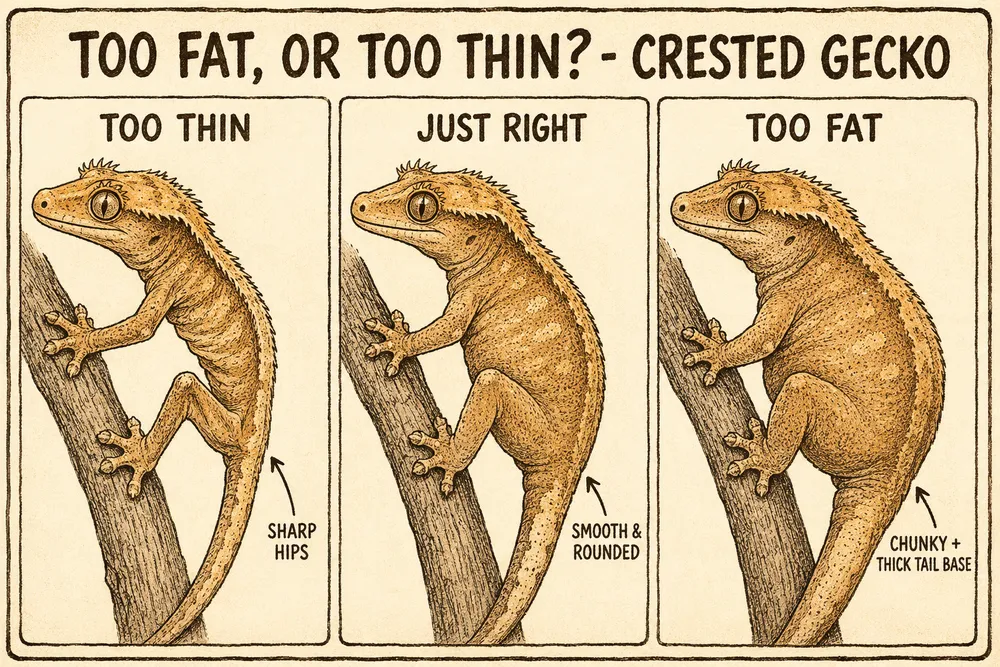 A warm hand-drawn info-comic titled 'Too fat, or too thin? - Crested Gecko' comparing three crested geckos — too thin (sharp hip bones), just right (smooth and rounded), and too fat (a broad chunky body with a thick tail base).