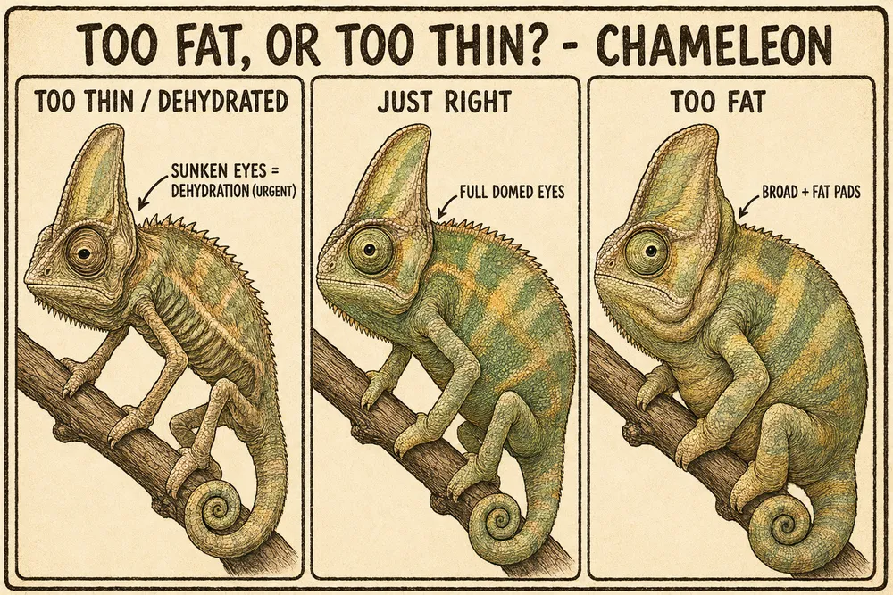 A warm hand-drawn info-comic titled 'Too fat, or too thin? - Chameleon' comparing three veiled chameleons — too thin/dehydrated (a razor spine and SUNKEN eyes), just right (rounded sides and full domed turret eyes), and too fat (a broad heavy body with fat pads).
