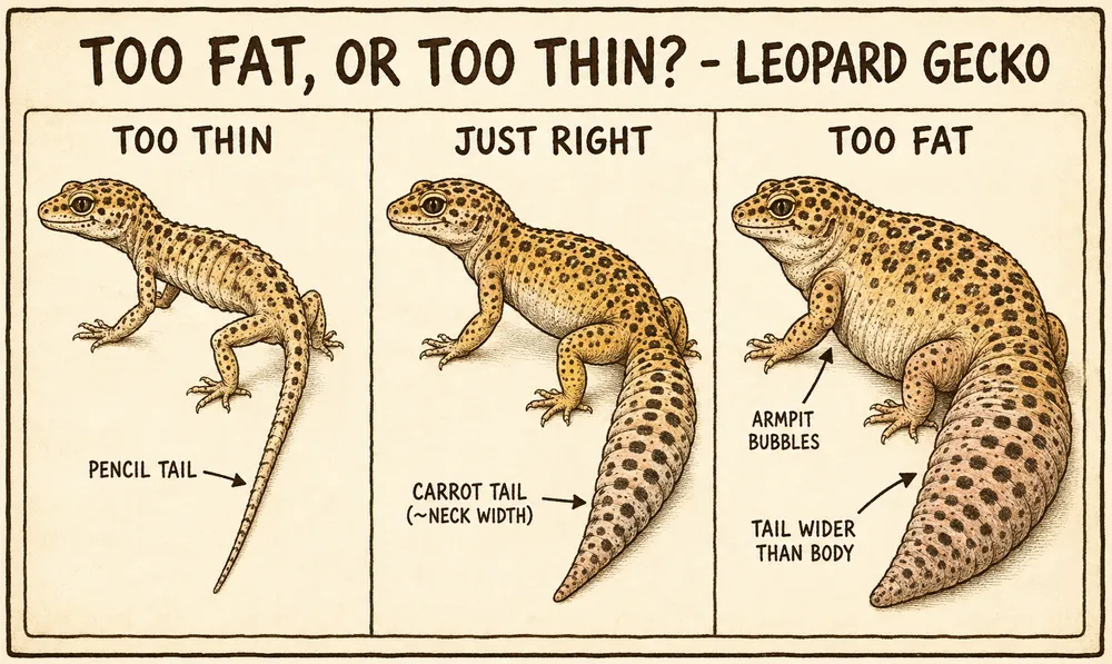 A warm hand-drawn info-comic titled 'Too fat, or too thin? - Leopard Gecko' comparing three leopard geckos — too thin (a thin pencil tail), just right (a plump carrot-shaped tail about neck width), and too fat (a tail wider than the body with armpit fat 'bubbles').