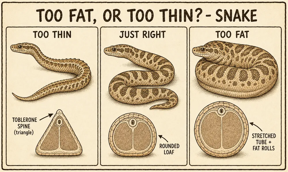 A warm hand-drawn info-comic titled 'Too fat, or too thin? - Snake' comparing three snakes with cross-sections — too thin (a sharp triangular 'Toblerone' spine ridge), just right (a rounded loaf), and too fat (a stretched round tube with fat rolls when coiled).