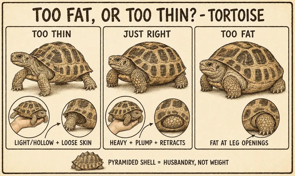A warm hand-drawn info-comic titled 'Too fat, or too thin? - Tortoise' comparing three Russian tortoises — too thin (feels light/hollow with loose limb skin), just right (heavy, plump limbs, retracts fully), and too fat (fat bulging at the leg openings so it can't fully retract).