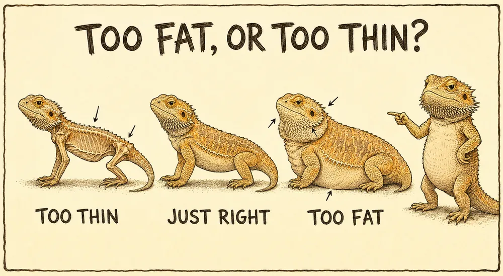 A warm hand-drawn info-comic titled 'Too fat, or too thin?' comparing three full-bodied basking lizards (shown on a bearded dragon) in side profile — too thin (ribs and hip ridge showing), just right (full-bodied), and too fat (sagging belly and jowl fat pads).
