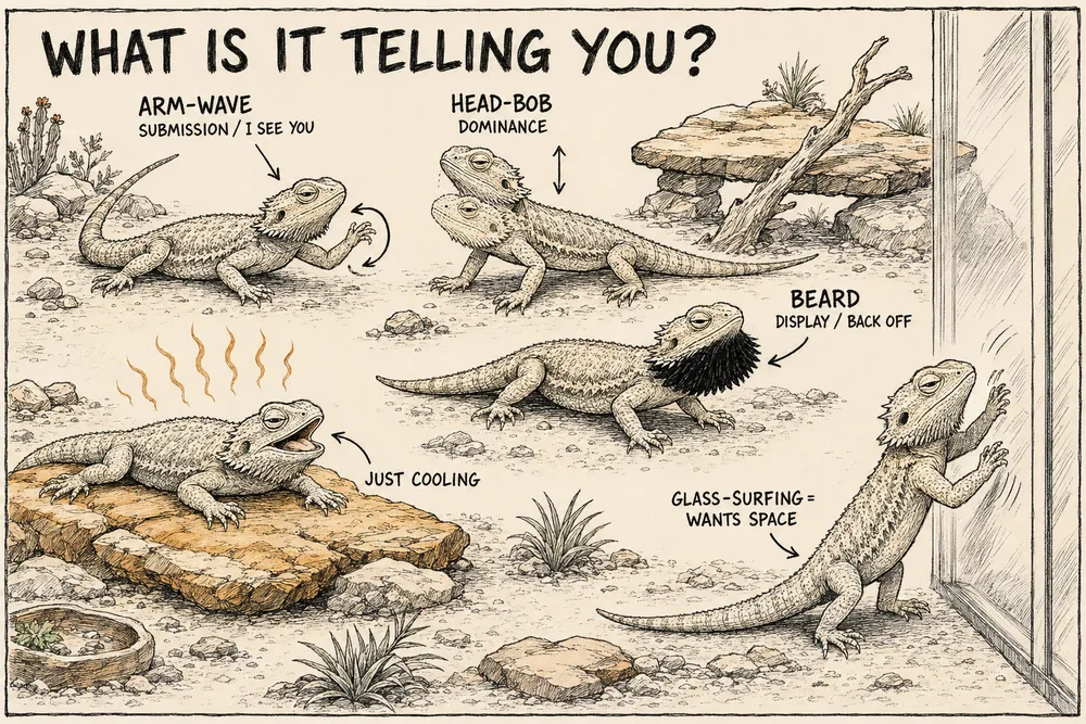 A warm hand-drawn info-comic titled 'What is it telling you?': a bearded dragon shown arm-waving (submission), head-bobbing (dominance), flaring a black beard (display), gaping to cool off, and glass-surfing (wants space) — each signal labelled with its meaning.