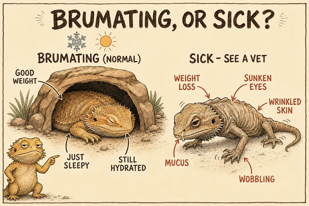 A warm hand-drawn info-comic titled 'Brumating, or sick?': a plump, good-weight bearded dragon sleeping peacefully in a cool hide (good weight, just sleepy, still hydrated) beside a thin one showing illness red flags — weight loss, sunken eyes, wrinkled skin, mucus, and wobbling — labelled 'see a vet'.