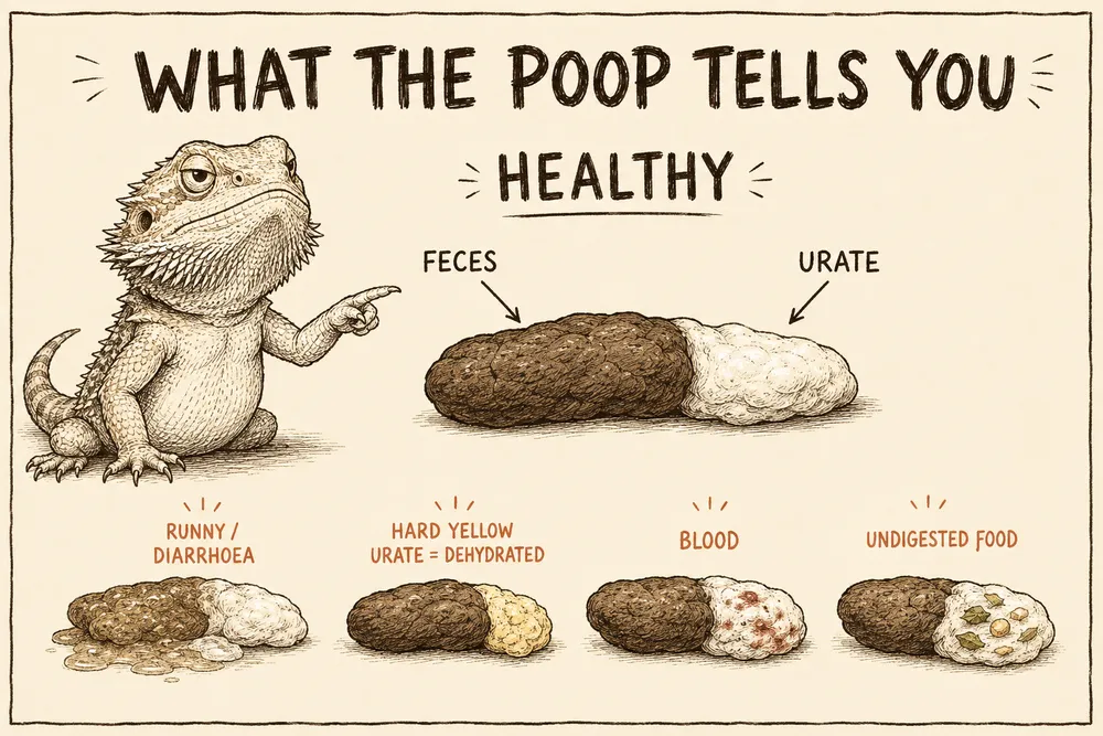 A warm hand-drawn chart titled 'What the poop tells you': a healthy bearded-dragon dropping (firm brown feces plus a soft white urate), and four to watch for — runny/diarrhoea, hard yellow urate (dehydration), blood, and undigested food.