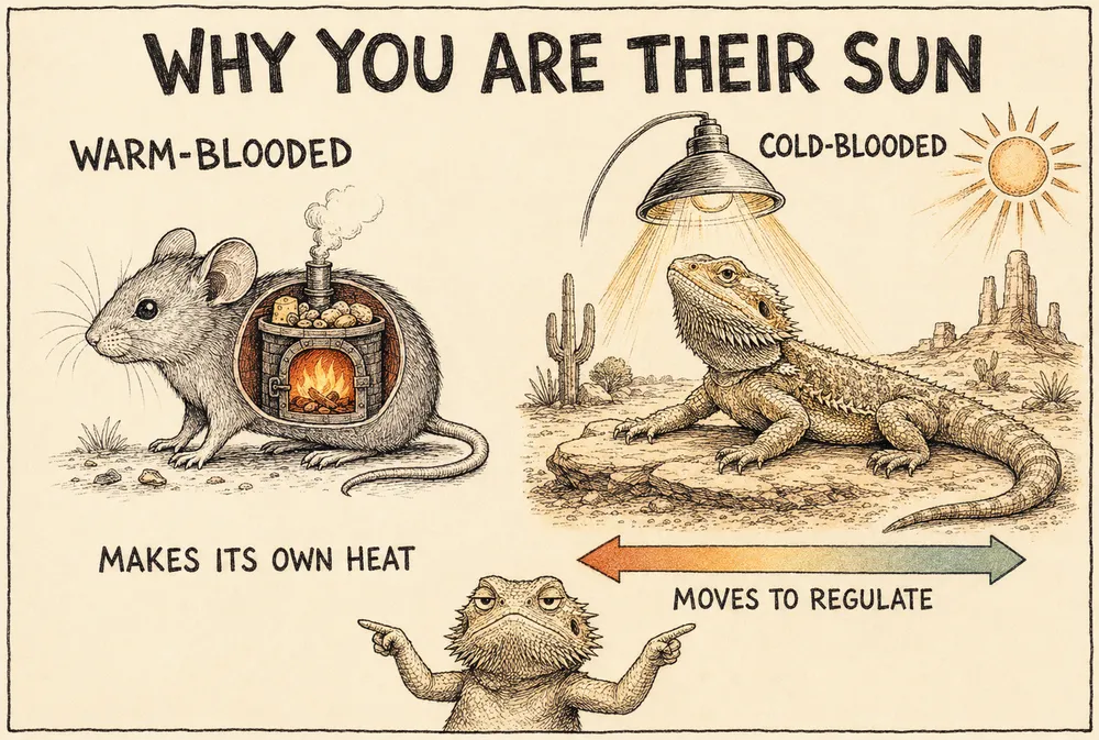 A warm hand-drawn info-comic titled 'Why you are their sun': a warm-blooded mouse drawn with a little wood-stove furnace inside it (‘makes its own heat’) beside a cold-blooded bearded dragon basking under a lamp in the desert sun (‘moves to regulate’), with a warm-to-cool arrow between them.