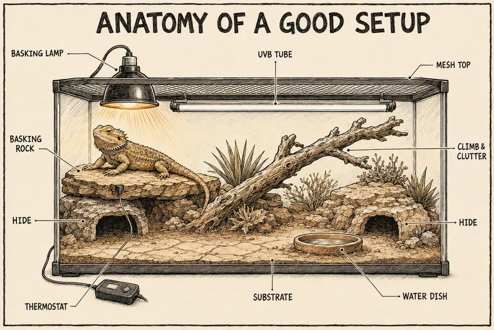 A warm hand-drawn info-comic titled 'Anatomy of a good setup': a labelled cutaway of a complete bearded-dragon vivarium showing the basking lamp, UVB tube, mesh top, basking rock, a hide at both ends, water dish, substrate, a climbing branch, and a thermostat.