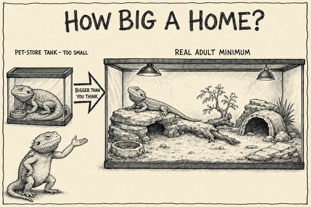 A monochrome hand-drawn info-comic titled 'How big a home?': a small cramped pet-store tank with a hunched bearded dragon ('too small') next to a large roomy vivarium with a relaxed dragon, a basking rock, a branch and hides ('real adult minimum'), with an arrow reading 'bigger than you think'.