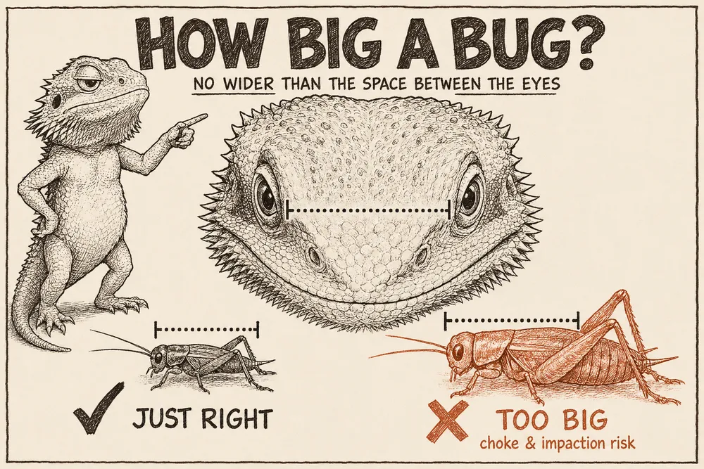 A hand-drawn info-comic titled 'How big a bug?': a bearded dragon's head with a dotted line measuring the space between its eyes, comparing a correctly-sized cricket ('just right') to an oversized one ('too big — choke and impaction risk').