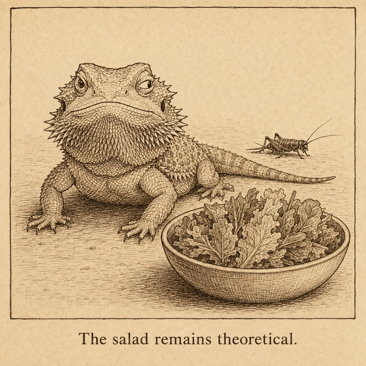 A deadpan hand-drawn sepia gag cartoon of a bearded dragon ignoring the bowl of salad in front of it, its eye swivelling toward a passing cricket instead, under the hand-lettered caption “The salad remains theoretical.”