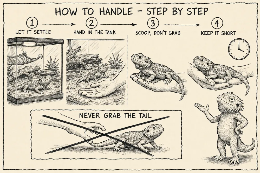 A monochrome hand-drawn info-comic titled 'How to handle — step by step': a four-step sequence — let it settle, rest a hand in the tank, scoop from below (don't grab), keep sessions short — plus a boxed warning to never grab the tail.