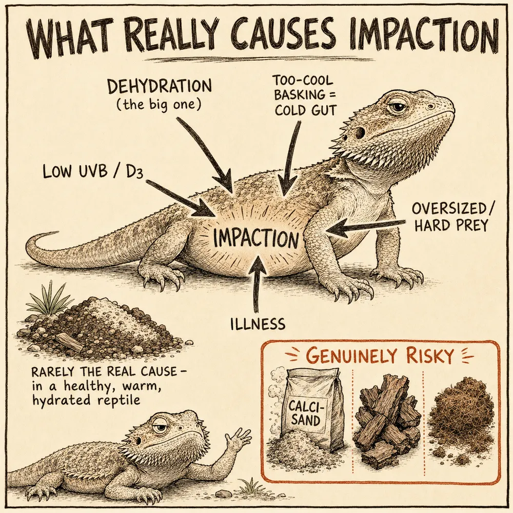A warm hand-drawn info-comic titled 'What really causes impaction': arrows point at a bearded dragon's gut from dehydration ('the big one'), too-cool basking ('cold gut'), low UVB/D3, oversized/hard prey and illness, with a note that substrate is 'rarely the real cause in a healthy, warm, hydrated reptile' — and a small 'genuinely risky' box showing calci-sand, large bark chunks and dry coco fibre.