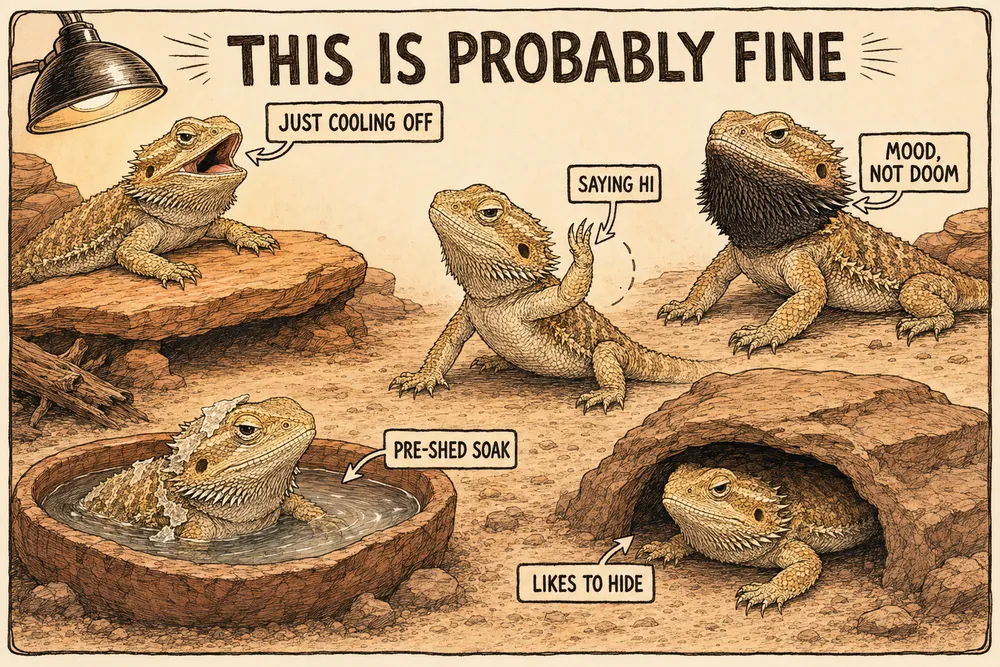A warm hand-drawn info-comic titled 'This is probably fine' showing a bearded dragon doing five alarming-but-normal things — gaping to cool off, arm-waving to say hi, a darkened beard (mood not doom), soaking in the water bowl before a shed, and hiding.