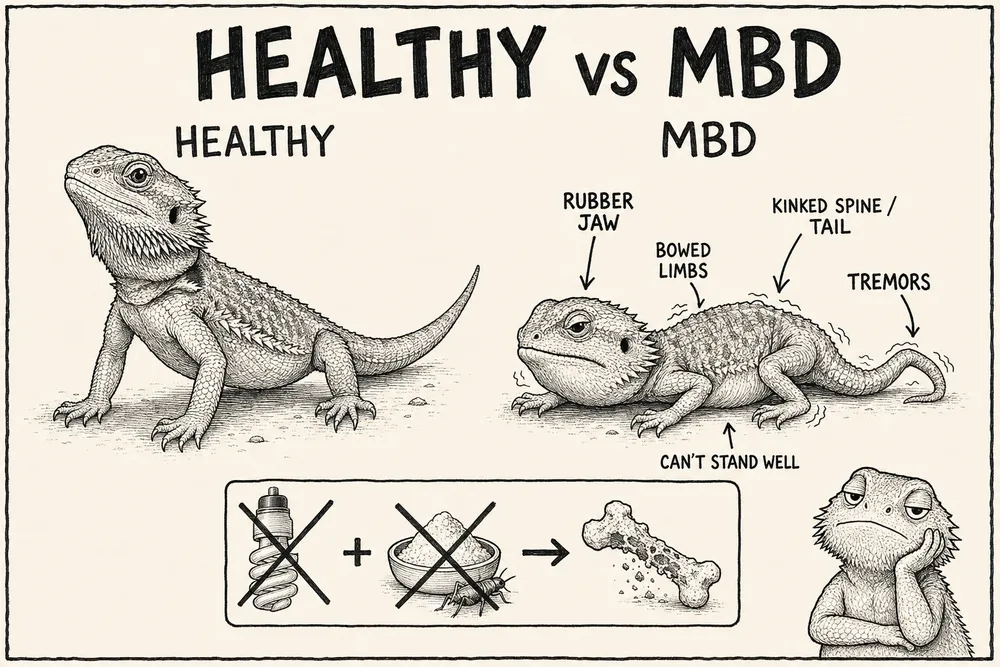 A monochrome hand-drawn info-comic titled 'Healthy vs MBD': a healthy bearded dragon standing tall beside one with metabolic bone disease — a soft rubber jaw, bowed limbs, a kinked spine and tail, tremors, and unable to stand well — plus a small cause diagram showing that missing UVB and calcium lead to weak bones.