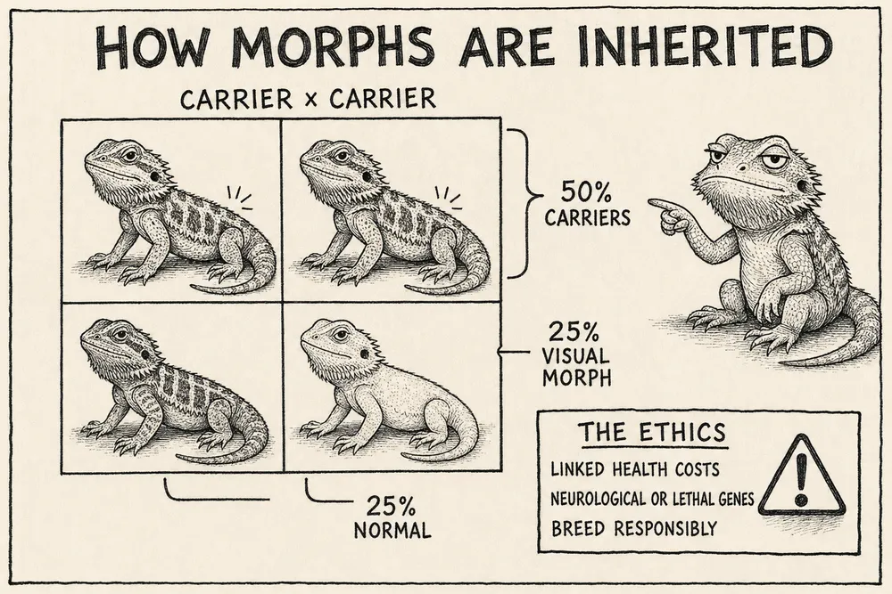 A hand-drawn monochrome info-comic titled 'How morphs are inherited': a carrier × carrier Punnett square of four bearded dragons — 50% carriers, 25% visual morph, 25% normal — beside an ethics box reading 'linked health costs · neurological or lethal genes · breed responsibly' with a warning triangle.