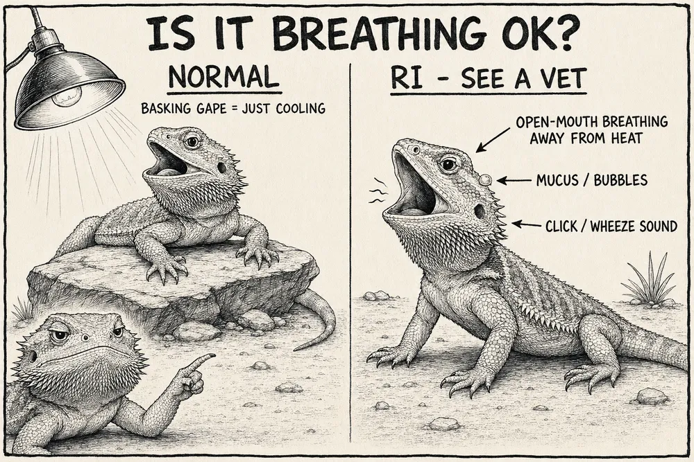 A hand-drawn monochrome side-by-side info-comic titled 'Is it breathing OK?': on the left, a bearded dragon calmly gaping on its basking rock under a lamp ('basking gape = just cooling', normal); on the right, one open-mouth breathing away from the heat with labels for mucus/bubbles and a click/wheeze sound ('RI — see a vet').