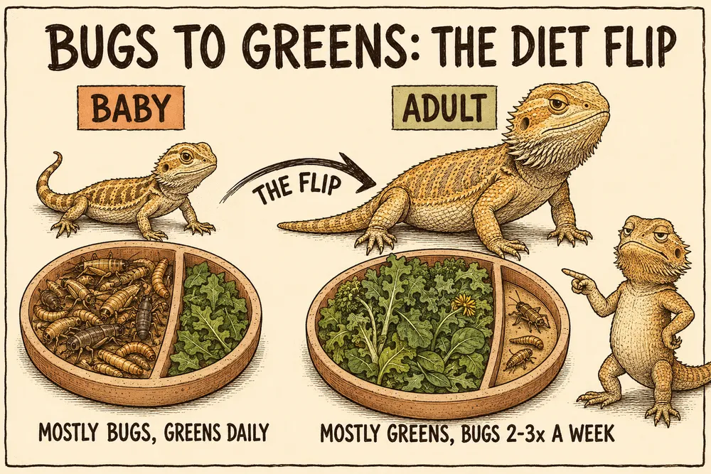 A warm hand-drawn info-comic titled 'Bugs to greens: the diet flip': a baby bearded dragon beside a bowl that is mostly insects with a little greens ('mostly bugs, greens daily'), and an adult beside a bowl that is mostly greens with a few insects ('mostly greens, bugs 2-3x a week').