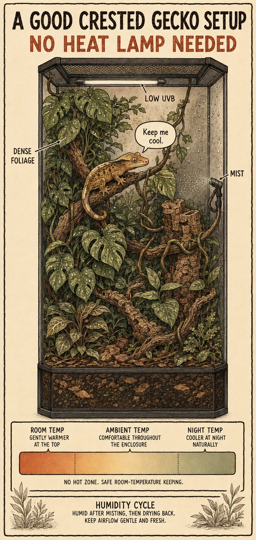 A warm, hand-drawn sepia illustration titled 'A good crested gecko setup — no heat lamp needed': a tall, densely-planted vertical vivarium at room temperature with no basking lamp, a small low-UVB tube, climbing branches and vines, and a mister spraying droplets onto the foliage.