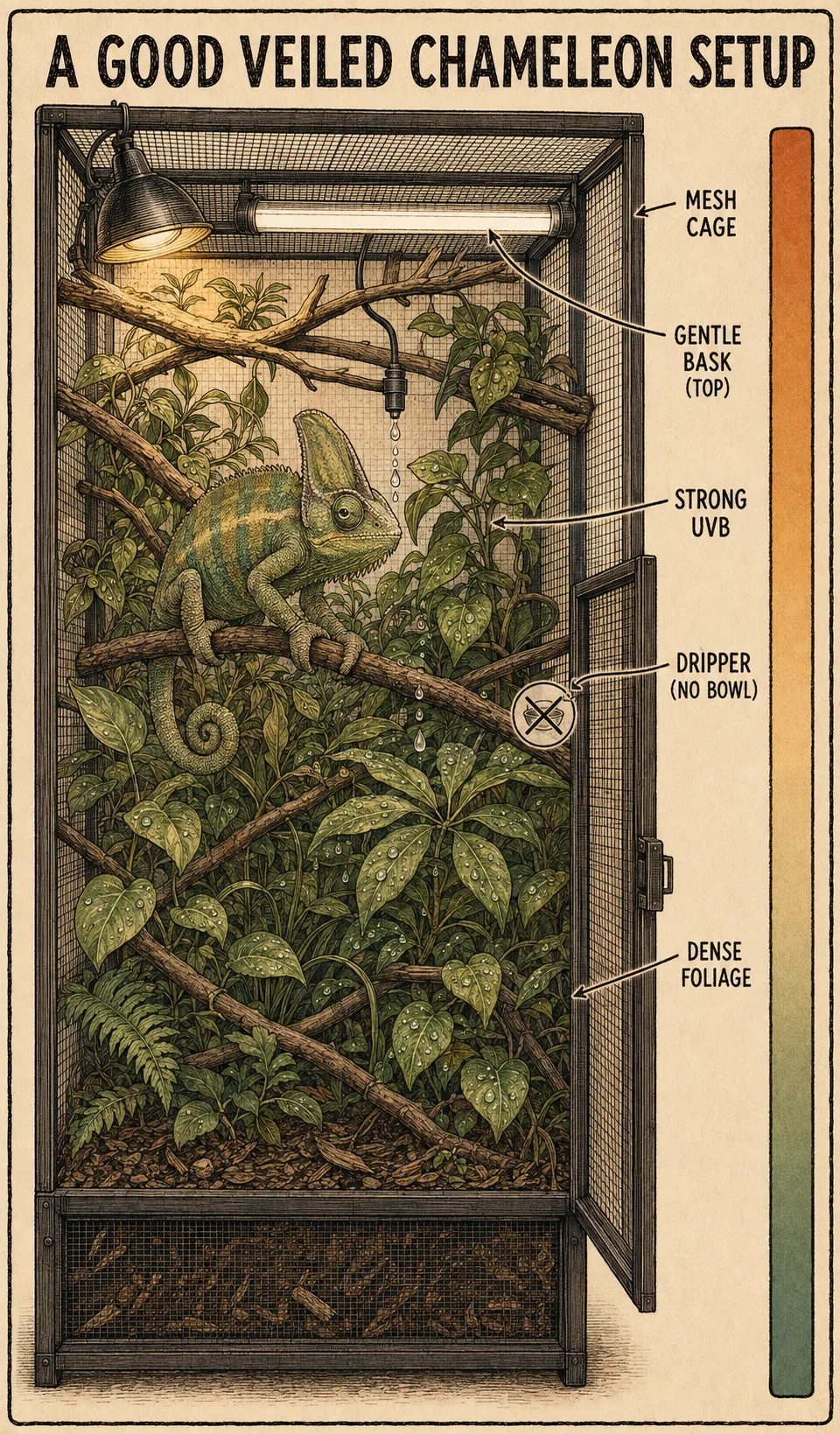 A warm, hand-drawn sepia illustration titled 'A good veiled chameleon setup': a tall mesh/screen cage densely planted with climbing branches, a gentle basking spot at the top, a strong UVB tube, and a dripper with misting droplets on the leaves (no standing water bowl) — with the chameleon gripping a branch.