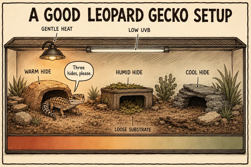 A warm, hand-drawn sepia illustration titled 'A good leopard gecko setup': an arid terrestrial vivarium with a gentle overhead heat source (not a hot desert beam) over a warm hide, a dim low-UVB tube, and the leopard-gecko signature of three hides — a warm hide, a humid moss-box hide, and a cool hide — on a loose sandy-soil substrate.