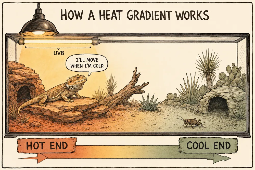 A warm, hand-drawn sepia illustration titled 'How a heat gradient works': a bearded dragon basks on a rock at the hot left end of a desert vivarium under a lamp and UVB tube (bubble: 'I'll move when I'm cold'), with a temperature gradient running to a cool, planted right end and a hide at both ends.