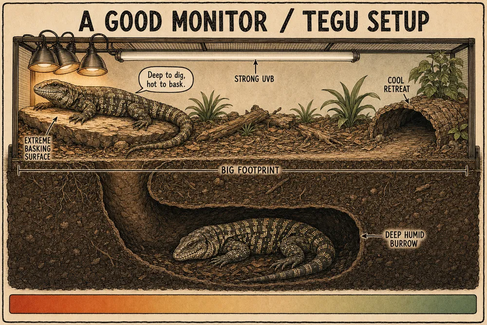 A warm, hand-drawn sepia illustration titled 'A good monitor / tegu setup': a large enclosure with a cluster of overhead halogen floods making a very hot basking rock, a strong UVB tube, a cool retreat at the far end, and a deep humid burrow shown in cross-section with a large lizard tunnelled into it.