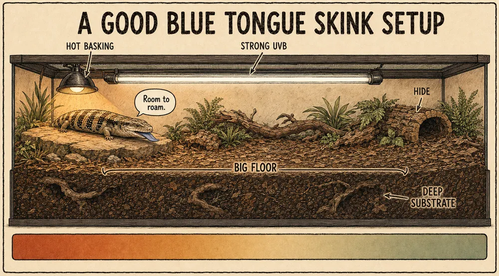 A warm, hand-drawn sepia illustration titled 'A good blue tongue skink setup': a wide, floor-space-heavy terrestrial vivarium with a hot overhead basking flood over a flat rock, a strong UVB tube spanning the length, a hide, and a deep burrowable substrate — with the skink basking, its signature blue tongue out.