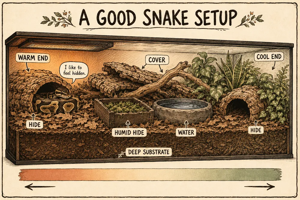 A warm, hand-drawn sepia illustration titled 'A good snake setup': a ball python in a horizontal terrestrial vivarium with a gentle overhead heat source (no hot desert lamp) over a warm end, a temperature gradient to a cool end, a snug hide at BOTH ends plus a humid hide, a water bowl big enough to soak in, and a deep moisture-holding substrate.
