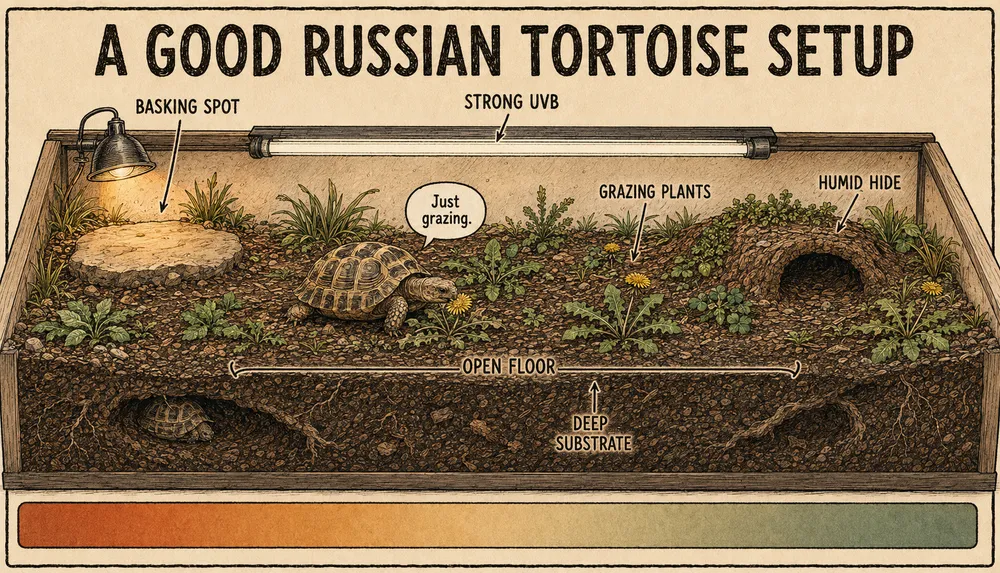 A warm, hand-drawn sepia illustration titled 'A good Russian tortoise setup': an open, low tortoise table emphasising floor space, with a basking spot at one end, a strong UVB tube, edible grazing plants like dandelions, a deep burrowable substrate shown in cross-section, and a humid hide — with the tortoise grazing.