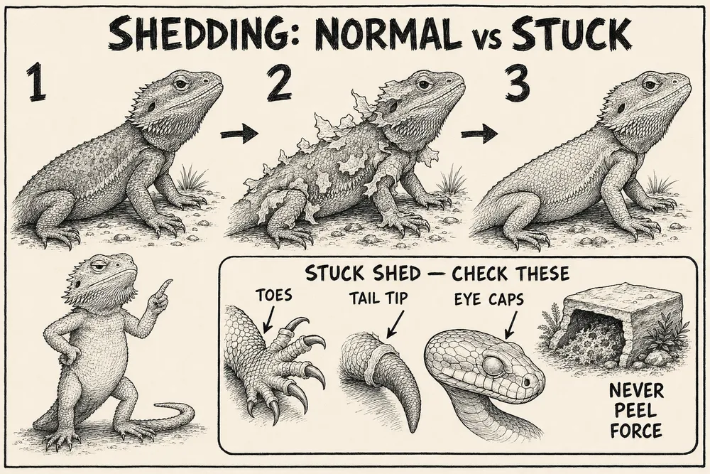A monochrome hand-drawn info-comic titled 'Shedding: normal vs stuck': a 1-2-3 sequence of a bearded dragon shedding from dull skin, through flaking patches, to a clean new shed — plus a boxed inset showing stuck-shed danger zones (toes, tail tip, and snake eye caps), a humid hide, and a 'never peel force' warning.