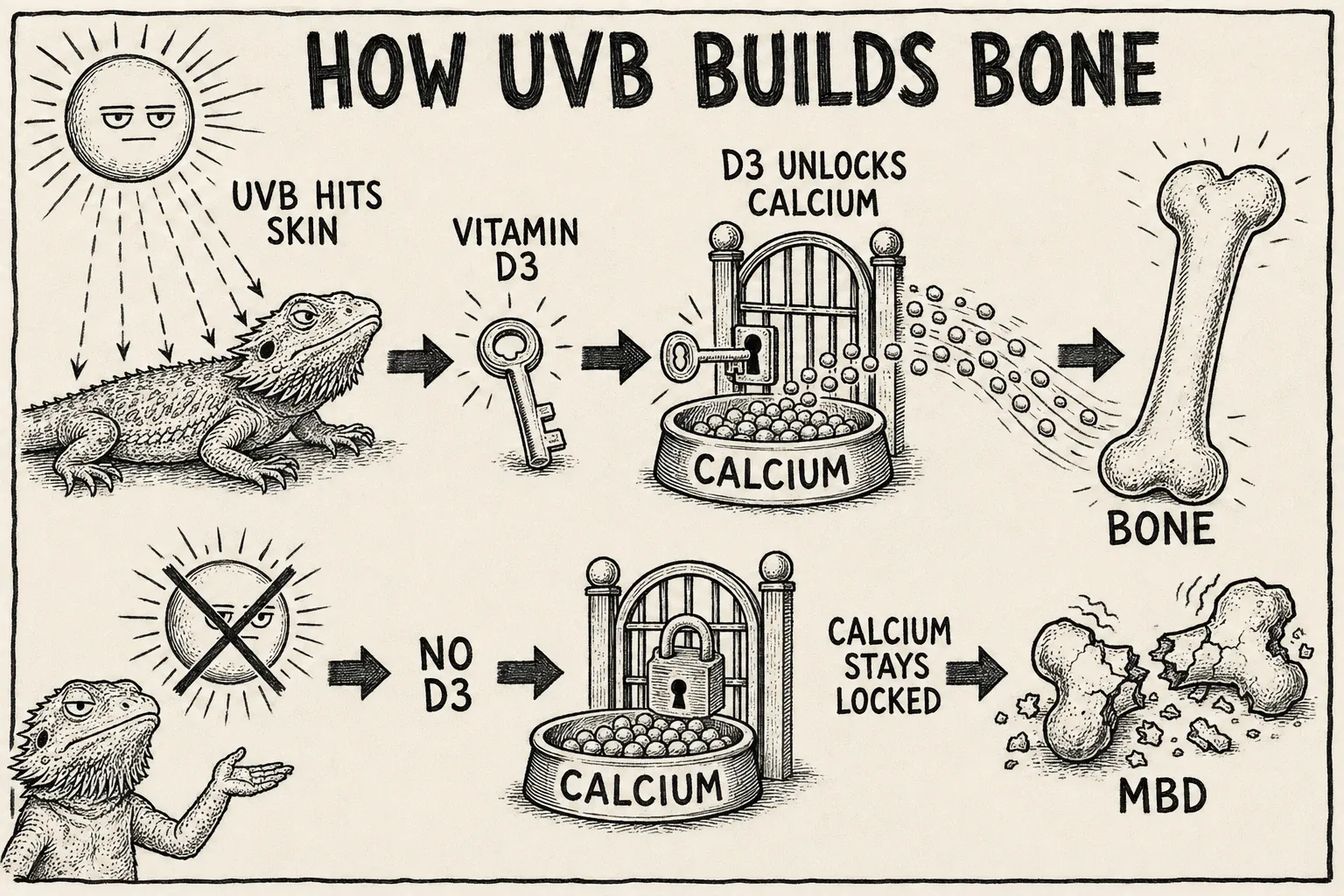 A hand-drawn monochrome info-comic titled “How UVB builds bone”: UVB from the sun hits a bearded dragon’s skin and makes vitamin D3 (drawn as a key), which unlocks a gate so calcium can pass through and build a strong bone; underneath, a failure branch shows no UVB, so no D3, the calcium gate stays padlocked, and the bone crumbles into MBD.