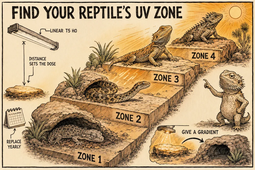 A warm hand-drawn info-comic titled 'Find your reptile's UV zone': a four-step ladder rising from Zone 1 (a shade-dwelling gecko) up to Zone 4 (a spiny desert sun-worshipper under a blazing sun), with callouts for a linear T5 HO tube, bulb distance, replacing yearly, and giving a shaded gradient.