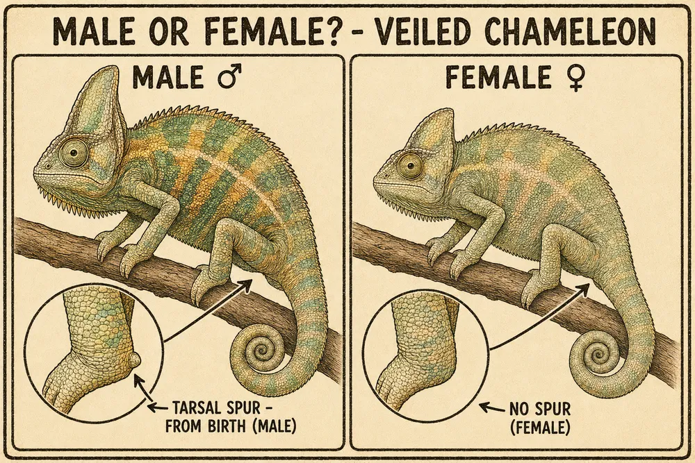 A hand-drawn diagram titled 'Male or female? - Veiled Chameleon' comparing the back of the hind foot — male (a tarsal spur, present from hatching) versus female (no spur).