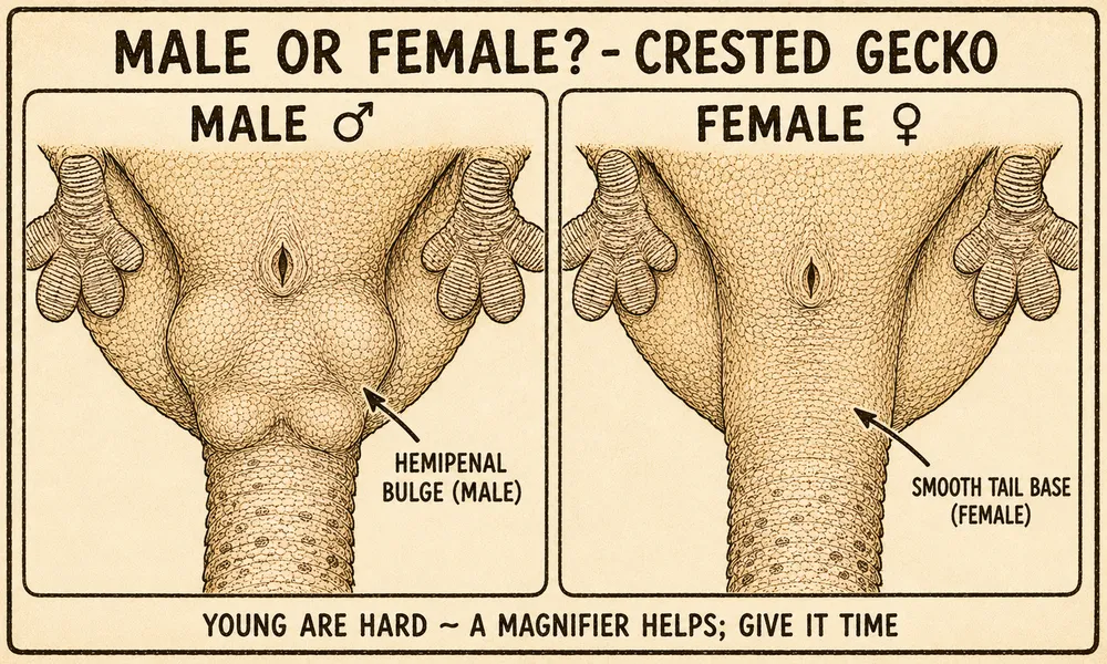 A hand-drawn diagram titled 'Male or female? - Crested Gecko' comparing the underside of the tail base — male (a hemipenal bulge) versus female (a smooth tail base).