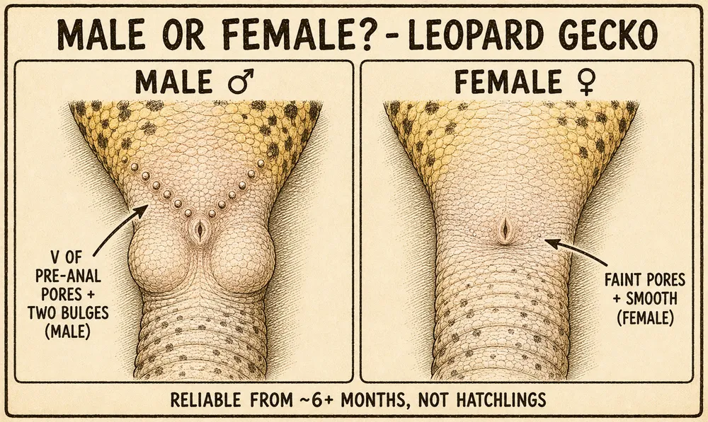 A hand-drawn diagram titled 'Male or female? - Leopard Gecko' comparing the underside at the tail base — male (a bold V-shaped row of pre-anal pores plus two hemipenal bulges) versus female (faint pores and a smooth tail base).