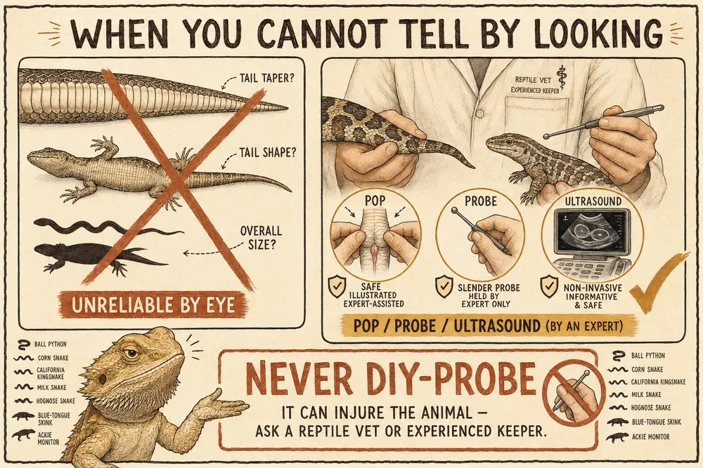 A hand-drawn diagram titled 'When you can't tell by looking' — tail-taper, tail-shape and overall-size guesses crossed out as unreliable, while an expert pops, probes or ultrasounds; a bold 'never DIY-probe' warning.