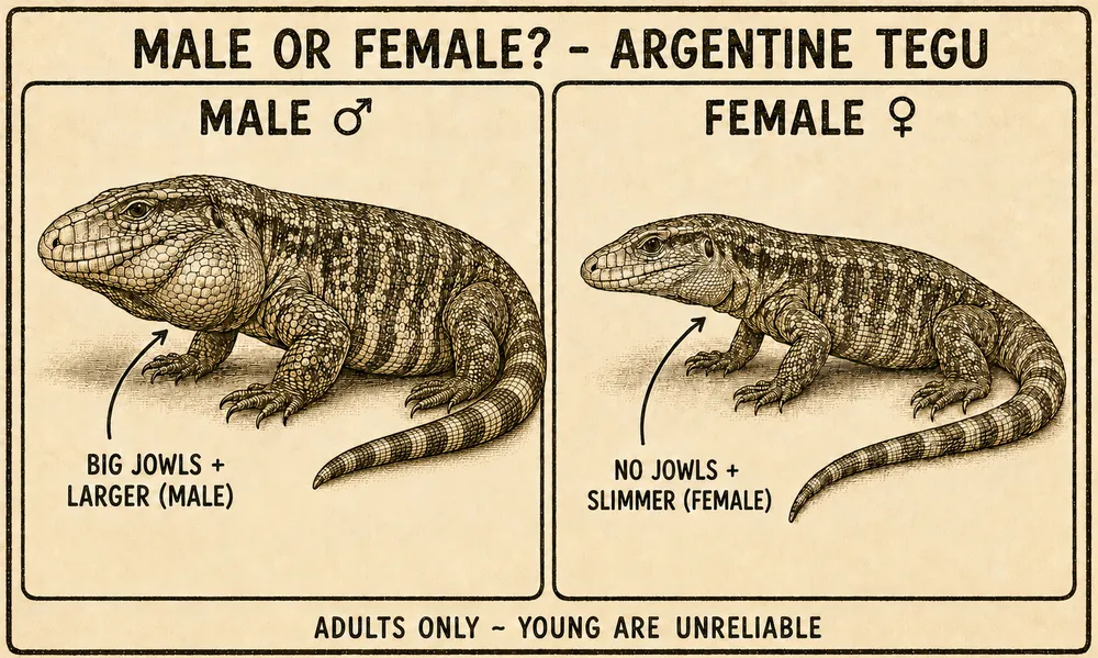 A hand-drawn diagram titled 'Male or female? - Argentine Tegu' comparing two adults — male (large jowls and a bigger body) versus female (no jowls and a slimmer body).