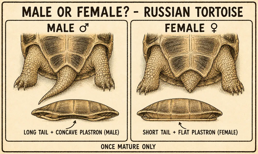 A hand-drawn diagram titled 'Male or female? - Russian Tortoise' comparing the tail and plastron — male (a long tail and a concave plastron) versus female (a short tail and a flat plastron).