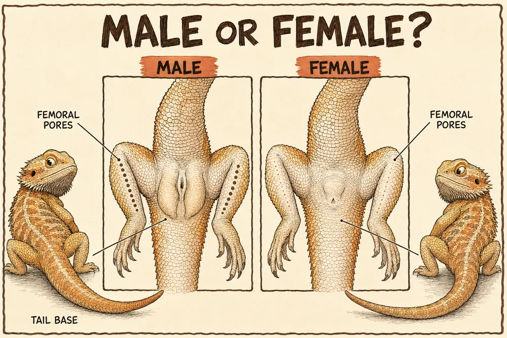 A hand-drawn diagram titled 'Male or female?' comparing a bearded dragon's underside — male (two bulges either side of the tail base and a prominent row of femoral pores) versus female (a single central bulge and fainter, smaller pores).
