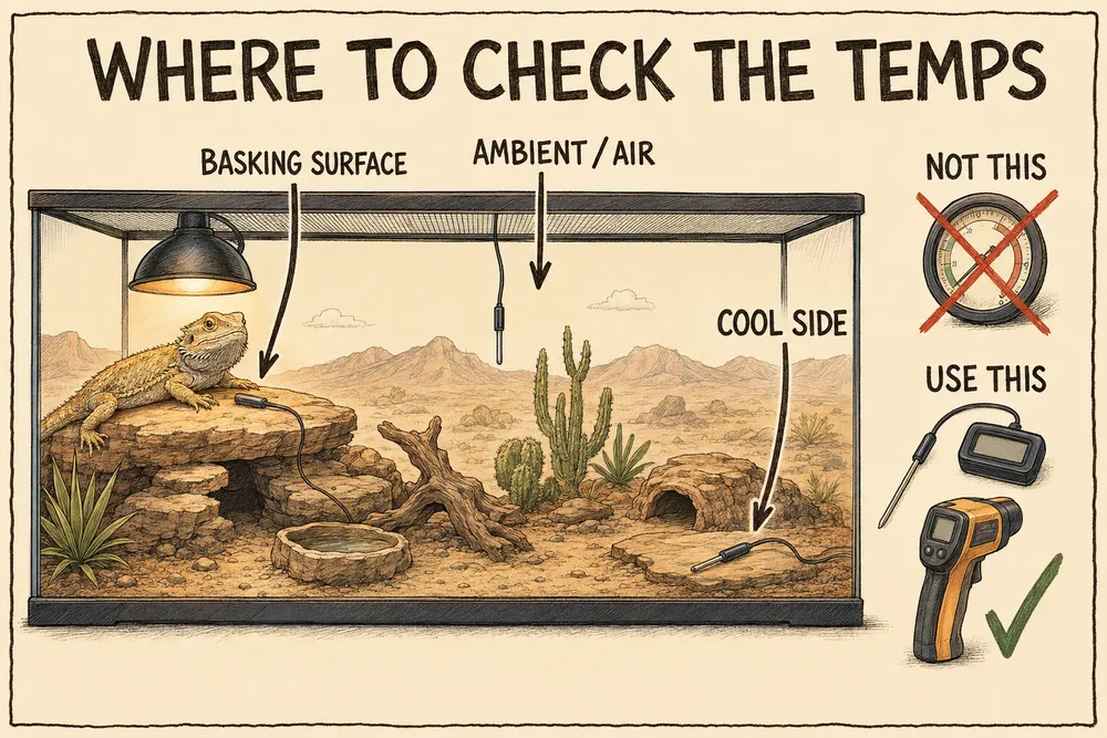 A warm hand-drawn diagram titled 'Where to check the temps': a desert vivarium cutaway with digital probes on the basking surface, the cool side, and for ambient air, plus a crossed-out round stick-on dial ('not this') and a ticked digital probe and temp gun ('use this').